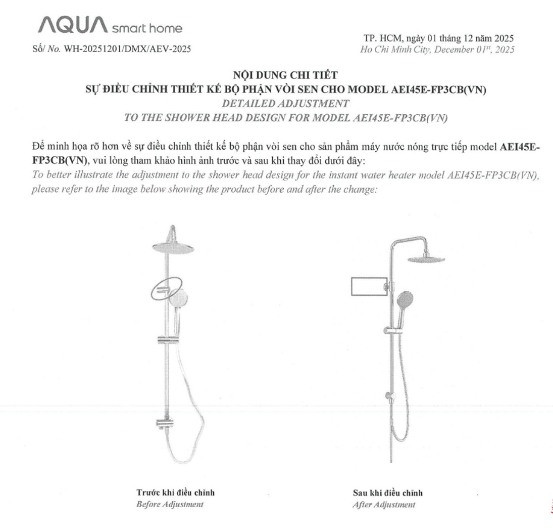 Công văn thay đổi thiết kế mẫu máy nước nóng trực tiếp Aqua AEI45E-FP3CB(VN)