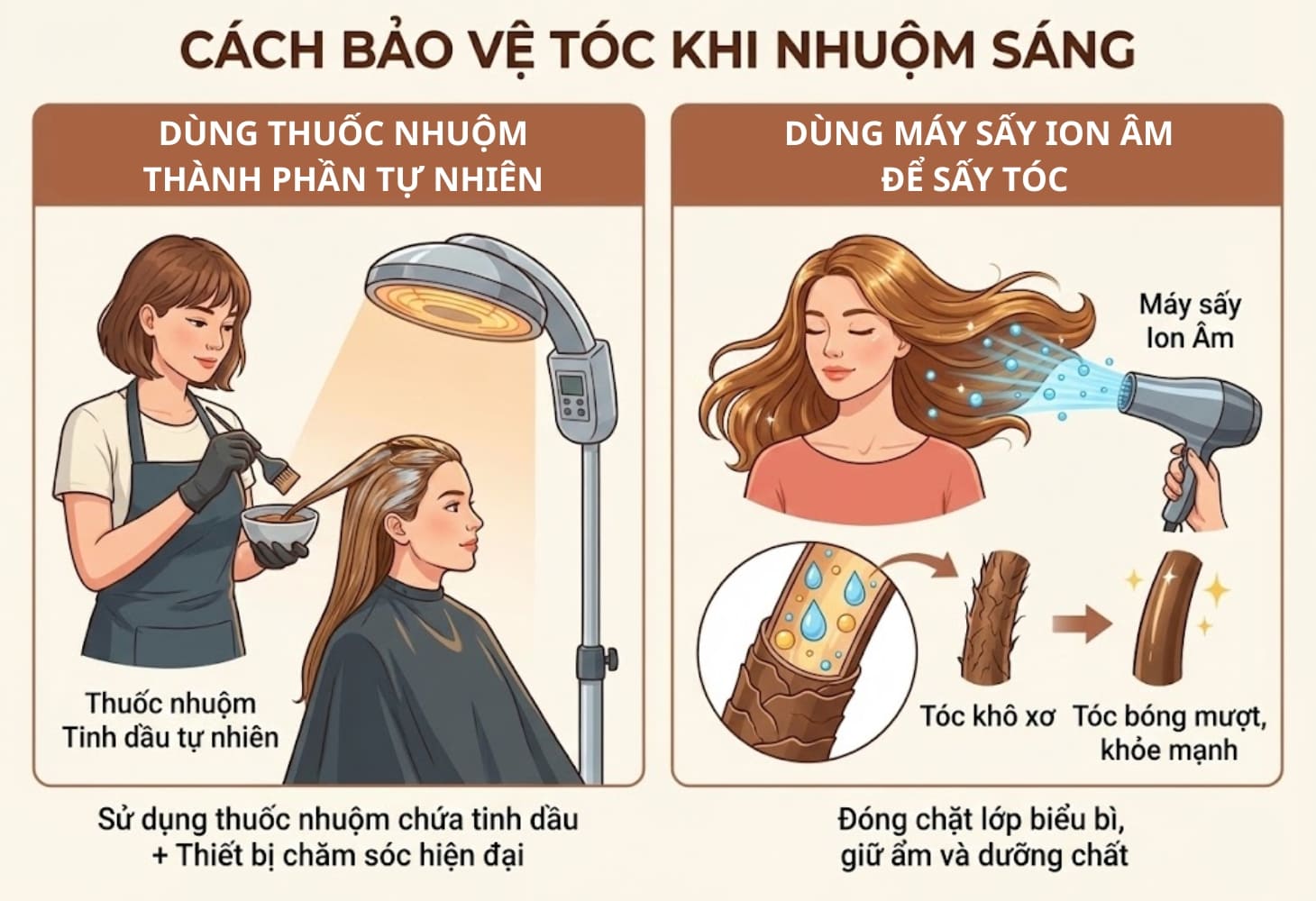Sử dụng máy sấy tóc ion có chức năng làm muợt để bảo vệ tóc nhuộm