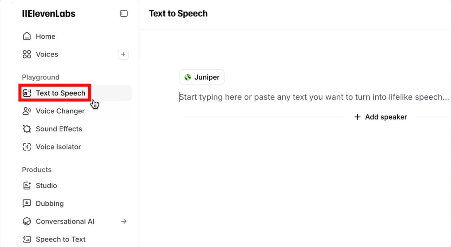 Chọn Text to speech trên ElevenLabs để tạo giọng nói từ văn bản