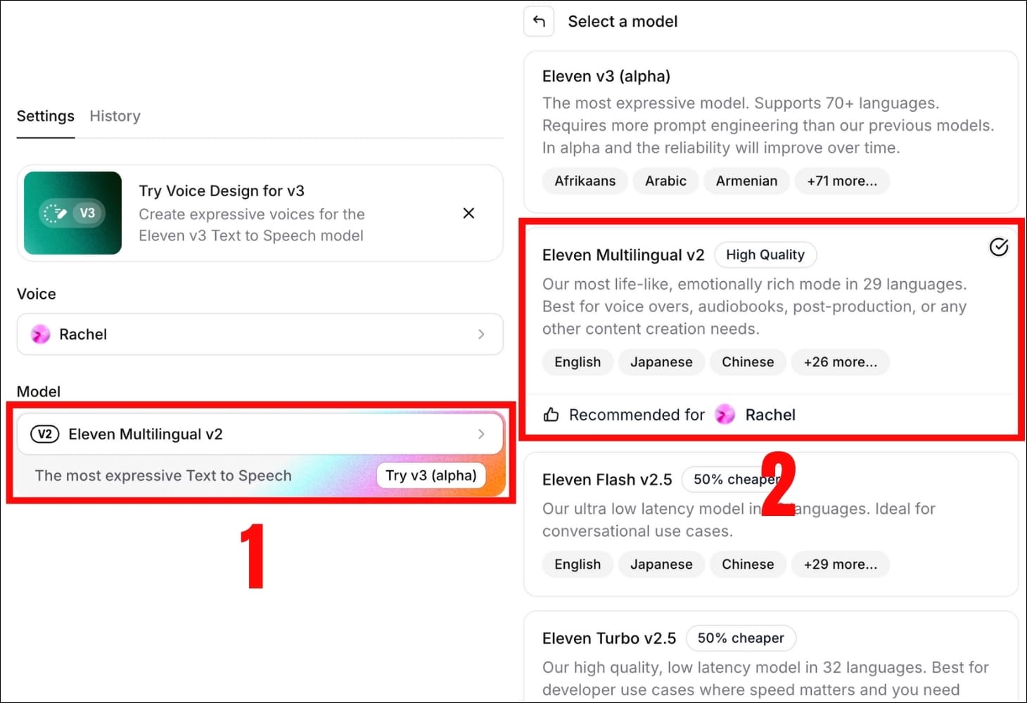 Chọn model tạo voice trên ElevenLabs