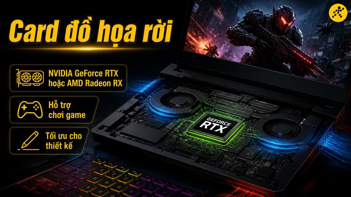 Card đồ họa NVIDIA GeForce RTX cho trải nghiệm gaming đỉnh cao Hình ảnh cận cảnh card đồ họa NVIDIA GeForce RTX bên trong laptop gaming, với quạt tản nhiệt và hệ thống tản nhiệt khí cho hiệu năng chơi game mượt mà.