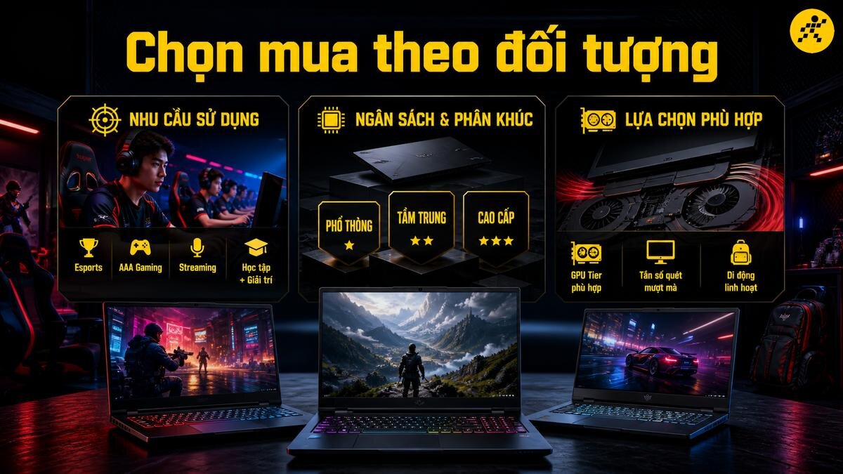 Chọn laptop gaming phù hợp với nhu cầu của bạn Ba mẫu laptop gaming đa dạng, một chiếc hiển thị cảnh game Esports, một chiếc hiển thị cảnh game đồ họa phong cảnh núi non hùng vĩ, và một chiếc hiển thị cảnh đua xe tốc độ, thể hiện các lựa chọn phù hợp với nhu cầu và phân khúc khác nhau.