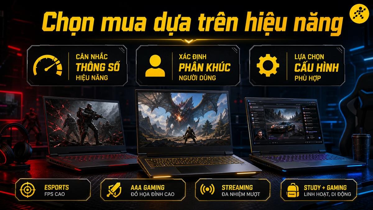 Chọn laptop gaming dựa trên hiệu năng và nhu cầu sử dụng Ba chiếc laptop gaming được trưng bày, mỗi chiếc hiển thị một loại nội dung khác nhau: laptop bên trái hiển thị hình ảnh game FPS, laptop giữa hiển thị game đồ họa AAA, laptop bên phải hiển thị giao diện stream game.
