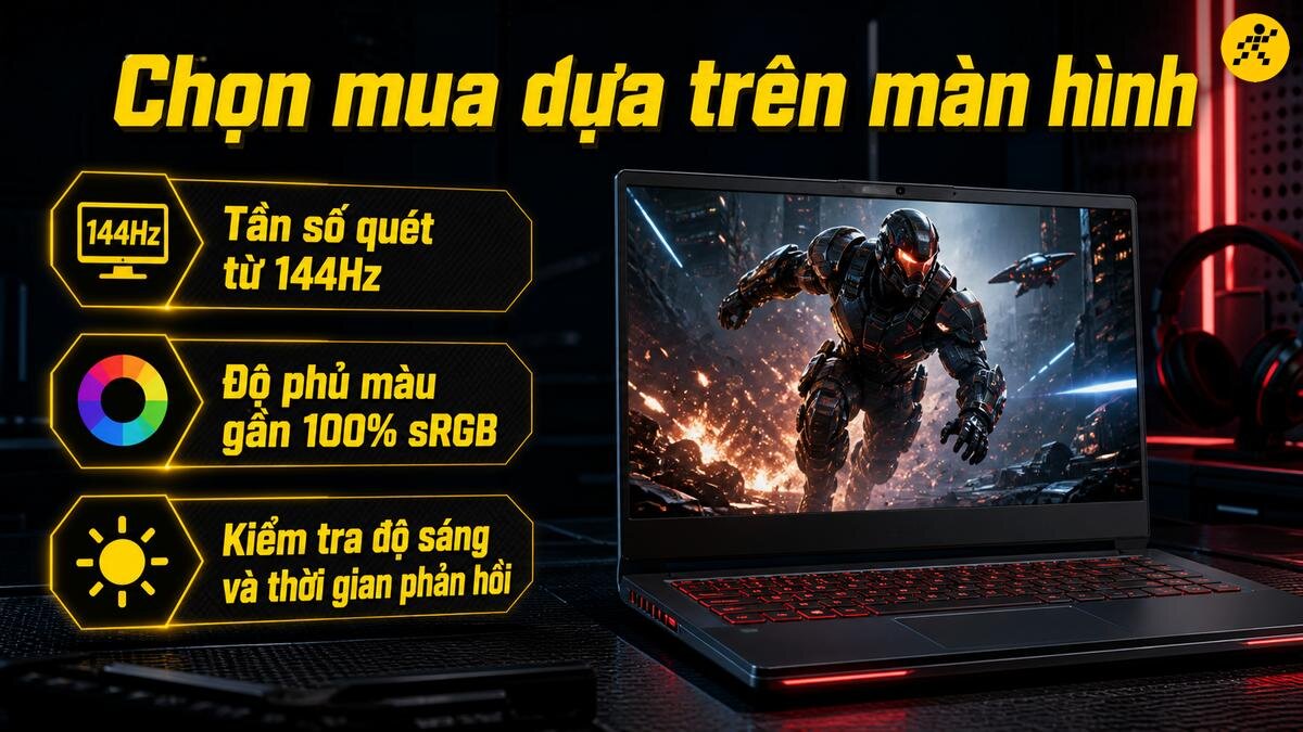Chọn laptop gaming qua thông số màn hình quan trọng Hình ảnh laptop gaming với màn hình hiển thị thông số tần số quét 144Hz, độ phủ màu gần 100% sRGB, và thông tin kiểm tra độ sáng, thời gian phản hồi.
