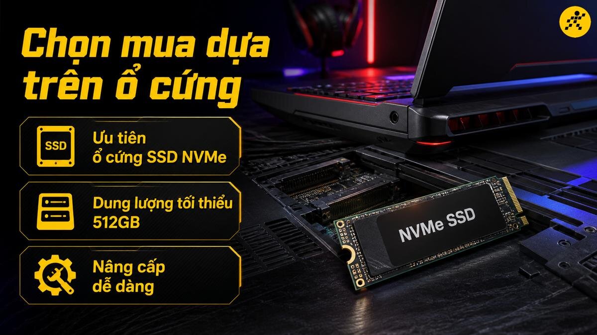 Chọn laptop gaming có ổ cứng SSD NVMe 512GB Ổ cứng NVMe SSD dành cho laptop gaming, dung lượng tối thiểu 512GB, dễ dàng nâng cấp.