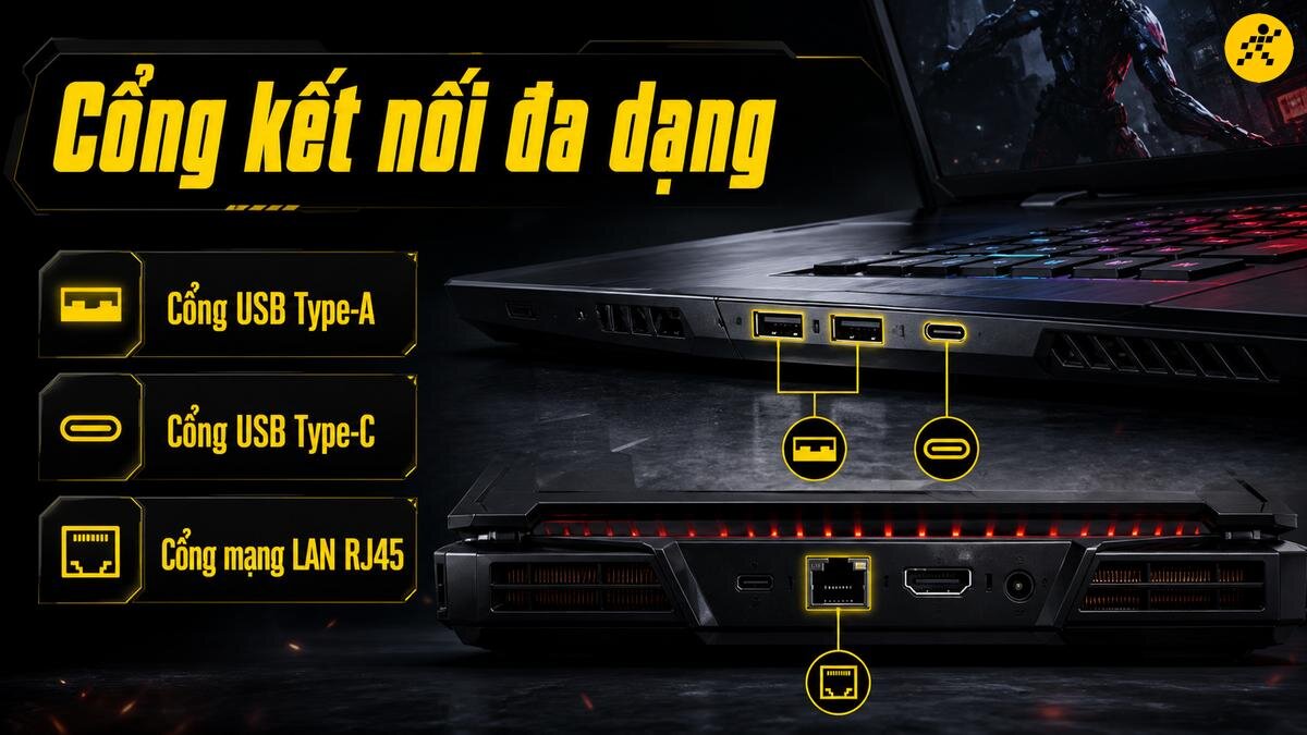 Laptop Gaming: Đa dạng cổng kết nối cho trải nghiệm liền mạch Hình ảnh các cổng kết nối đa dạng trên laptop gaming, bao gồm cổng USB Type-A, USB Type-C và cổng mạng LAN RJ45, cho thấy khả năng kết nối linh hoạt với nhiều thiết bị ngoại vi.