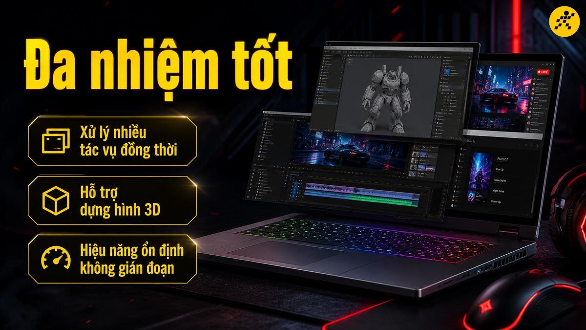 Laptop đa nhiệm, xử lý tốt mọi tác vụ Hình ảnh laptop hiển thị các phần mềm đồ họa và chỉnh sửa video chuyên nghiệp.