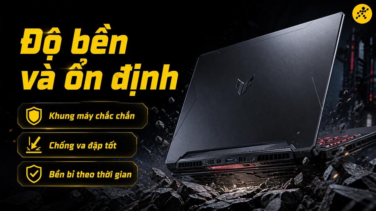 Laptop gaming bền bỉ, chống va đập tốt Hình ảnh một chiếc laptop gaming màu đen với logo thương hiệu ASUS nổi bật, góc nhìn từ phía sau và bên hông. Bên trái màn hình là các dòng chữ 'Độ bền và ổn định', 'Khung máy chắc chắn', 'Chống va đập tốt', 'Bền bỉ theo thời gian' kèm biểu tượng. Hình ảnh nhấn mạnh vào sự chắc chắn, bền bỉ của sản phẩm.