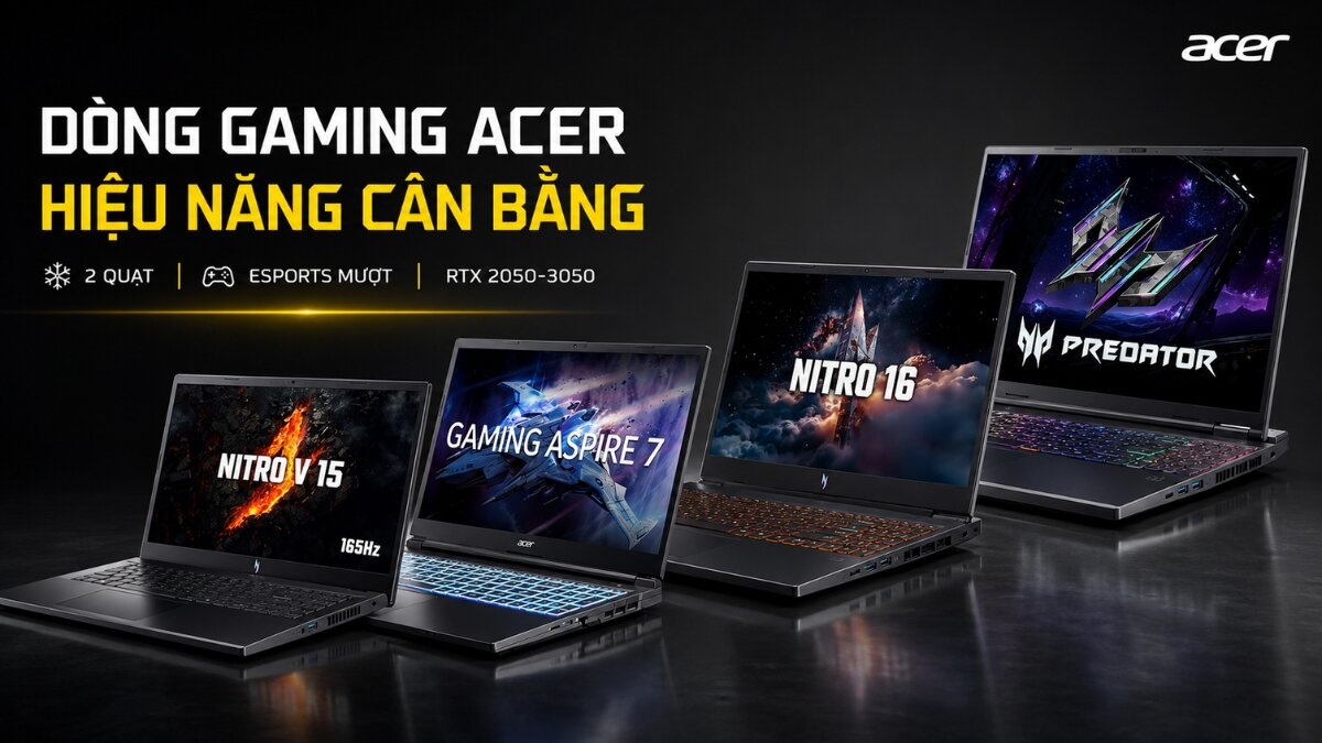 Acer mang đến đa dạng lựa chọn laptop gaming với các dòng sản phẩm như Nitro và Predator, đáp ứng nhu cầu hiệu năng cân bằng cho trải nghiệm chơi game mượt mà, ổn định. Các mẫu máy được trang bị hệ thống tản nhiệt hiệu quả cùng card đồ họa mạnh mẽ, đảm bảo hiệu suất tối ưu trong mọi trận chiến. Dòng laptop gaming Acer: Hiệu năng cân bằng cho mọi game thủ