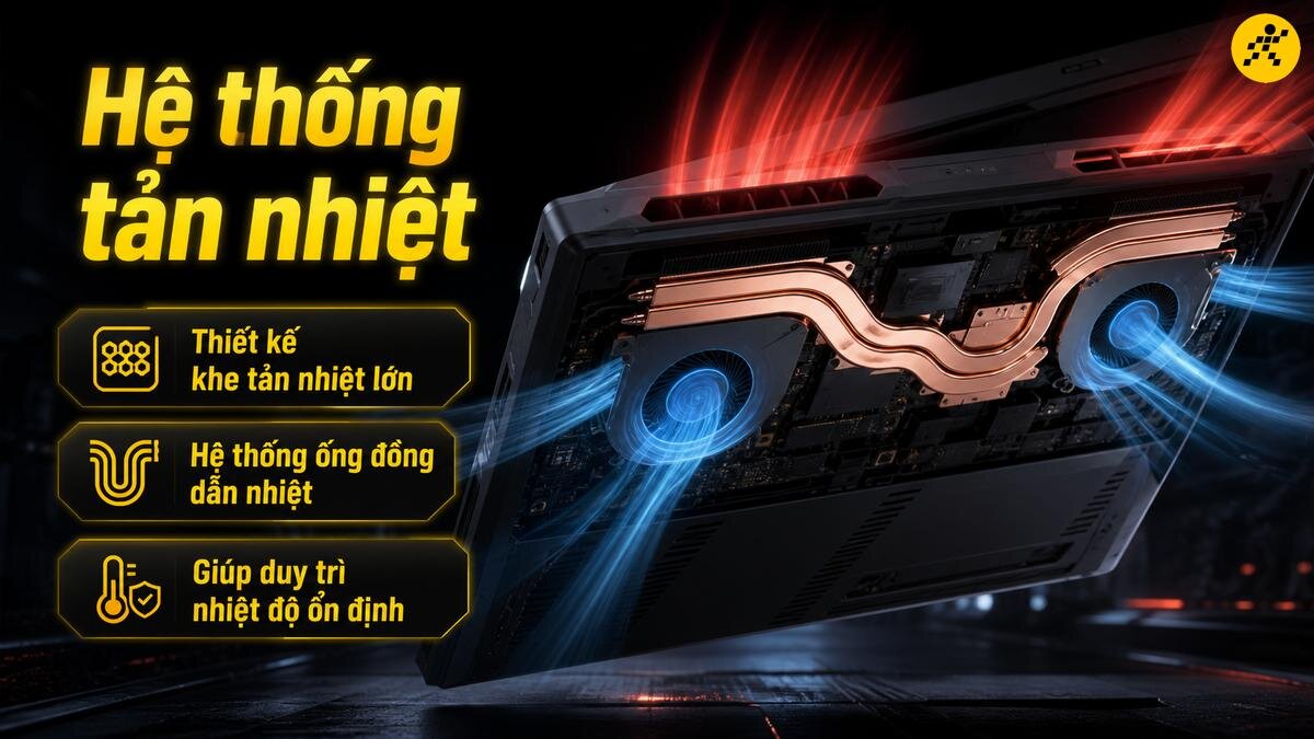 Hệ thống tản nhiệt laptop gaming hiệu suất cao Hệ thống tản nhiệt hiệu quả với quạt kép, ống đồng dẫn nhiệt và khe thông gió lớn giúp duy trì nhiệt độ ổn định cho laptop gaming.