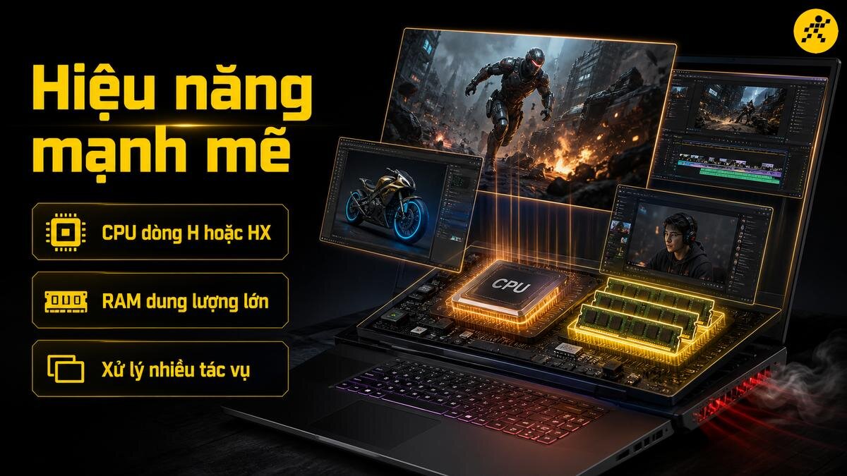 Laptop gaming hiệu năng mạnh mẽ Laptop gaming với CPU mạnh mẽ, RAM dung lượng lớn và khả năng xử lý đa tác vụ