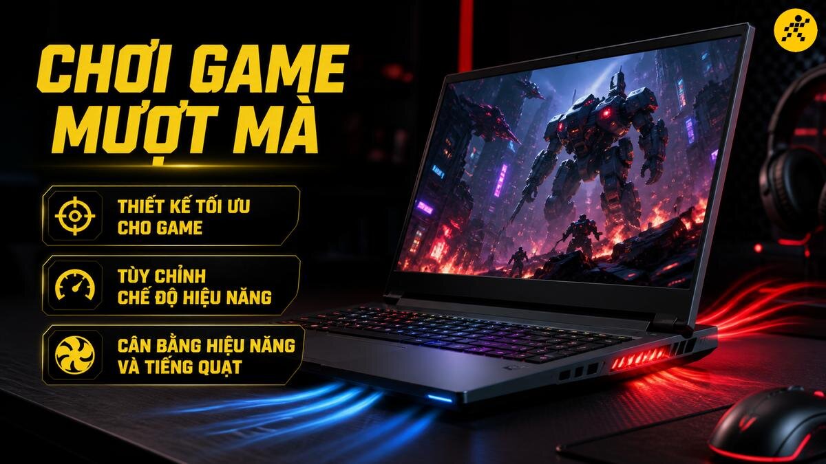 Laptop Gaming: Tối ưu hiệu năng cho trải nghiệm mượt mà Một chiếc laptop gaming hiển thị hình ảnh chiến đấu với robot, bên cạnh là tai nghe và chuột gaming, có các dòng chữ tiếng Việt về tối ưu hiệu năng.