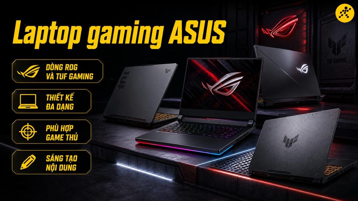 Laptop gaming ASUS: Dòng ROG và TUF Gaming Hình ảnh nhiều laptop gaming ASUS ROG và TUF với thiết kế đa dạng, phù hợp cho game thủ và sáng tạo nội dung.