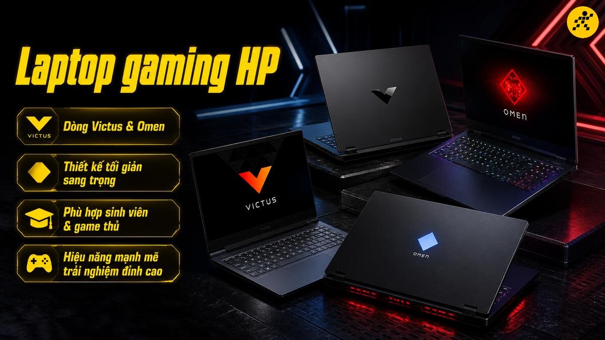 Laptop gaming HP Victus & Omen: Thiết kế, hiệu năng Hình ảnh hai dòng laptop gaming HP Victus và Omen, nổi bật với thiết kế hiện đại, logo đặc trưng và hiệu năng mạnh mẽ.