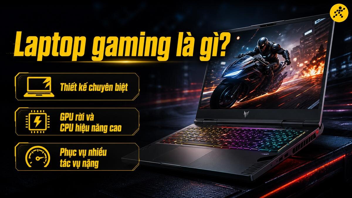 Laptop gaming: Thiết kế chuyên biệt, hiệu năng đỉnh cao Hình ảnh laptop gaming với màn hình hiển thị nhân vật cưỡi xe mô tô trong thành phố, bên cạnh là các thông tin về thiết kế chuyên biệt, GPU rời và CPU hiệu năng cao, phục vụ nhiều tác vụ nặng.
