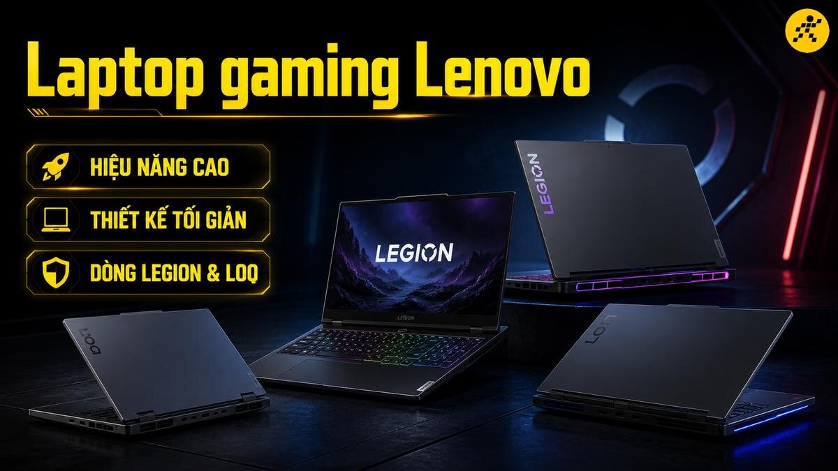 Laptop gaming Lenovo Legion và LOQ Hình ảnh nhiều laptop gaming Lenovo Legion và LOQ với các góc nhìn khác nhau, bao gồm cả mặt trước và mặt sau, trên nền tối với hiệu ứng ánh sáng xanh và tím.