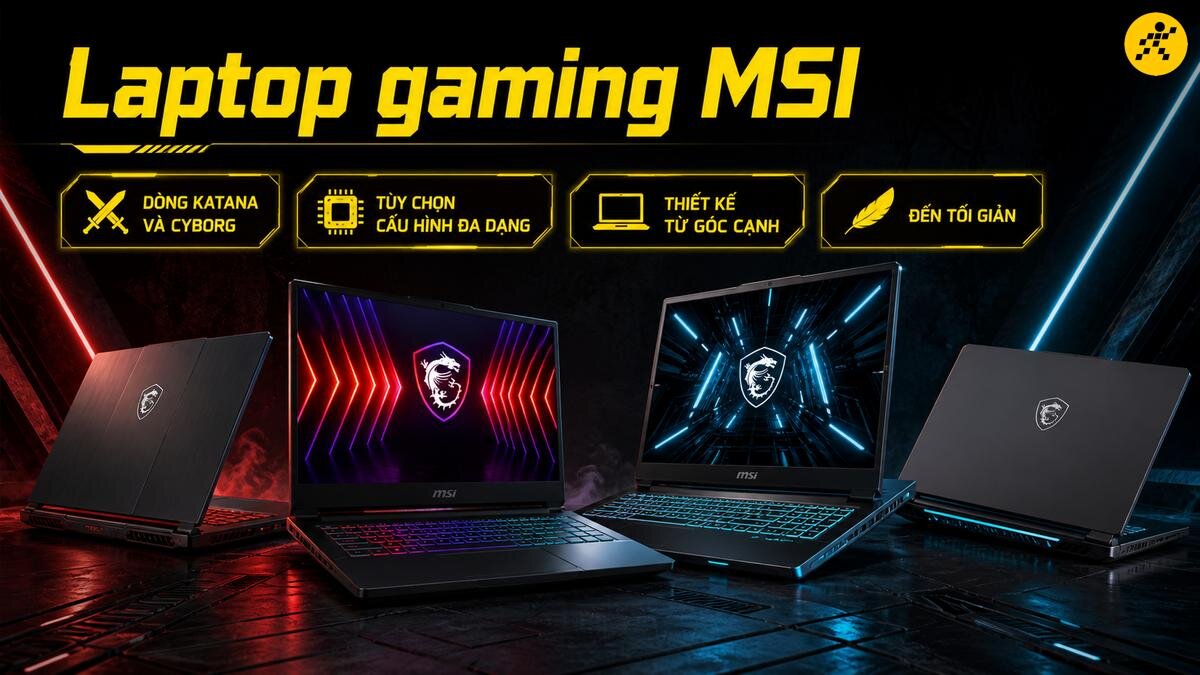 Laptop gaming MSI - Sức mạnh và công nghệ đỉnh cao Ba chiếc laptop gaming MSI với logo rồng đặc trưng, màn hình hiển thị hiệu ứng ánh sáng rực rỡ.