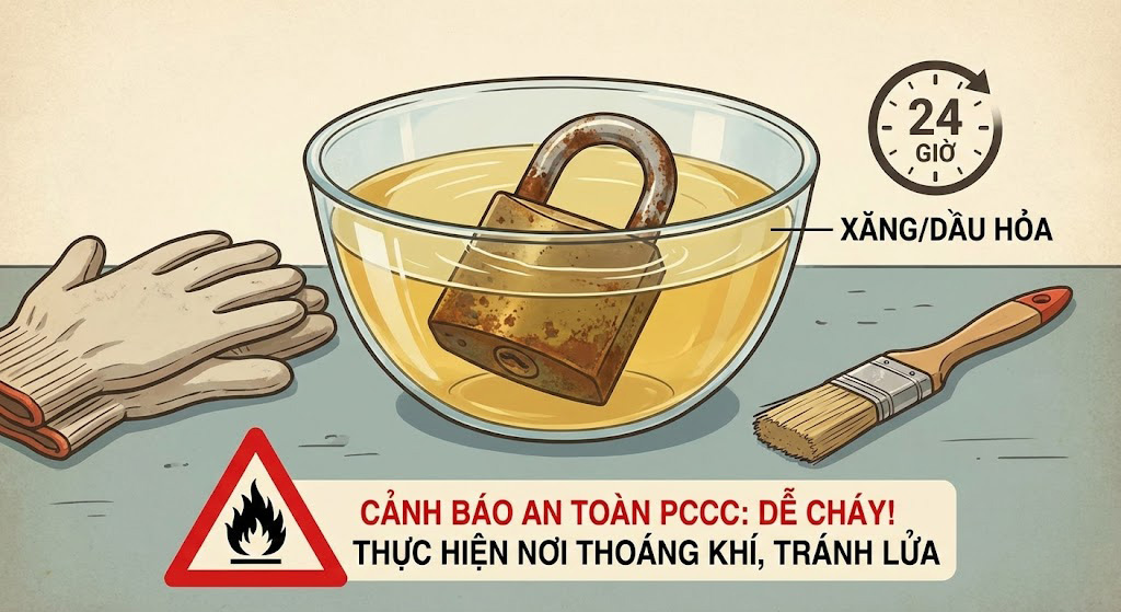 Ngâm khóa rời 24 giờ giúp làm sạch rỉ sét bên trong, chỉ áp dụng với khóa bấm, khóa treo