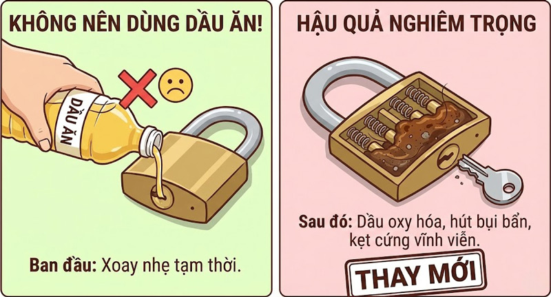 Đổ dầu ăn vào ổ khóa bị kẹt là sai lầm vì dầu nhanh đặc lại, hút bụi bẩn làm bi khóa kẹt nặng và dễ hư hỏng vĩnh viễn
