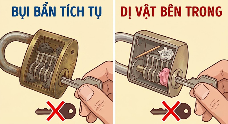 Bụi bám lâu ngày hoặc dị vật như giấy, tăm tre làm tắc lõi khóa, khiến chìa khó cắm và vặn