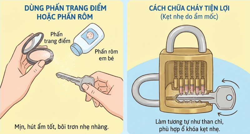 Phấn mịn hút ẩm tốt, hỗ trợ bôi trơn nhẹ, phù hợp ổ khóa kẹt nhẹ do ẩm mốc, bụi bẩn