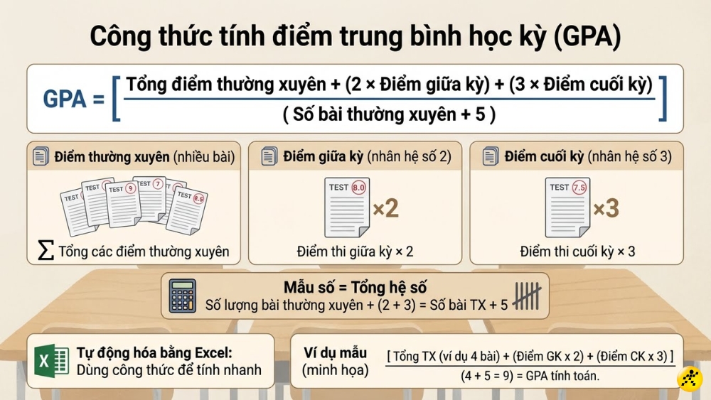 C&ocirc;ng thức t&iacute;nh điểm trung b&igrave;nh m&ocirc;n học kỳ