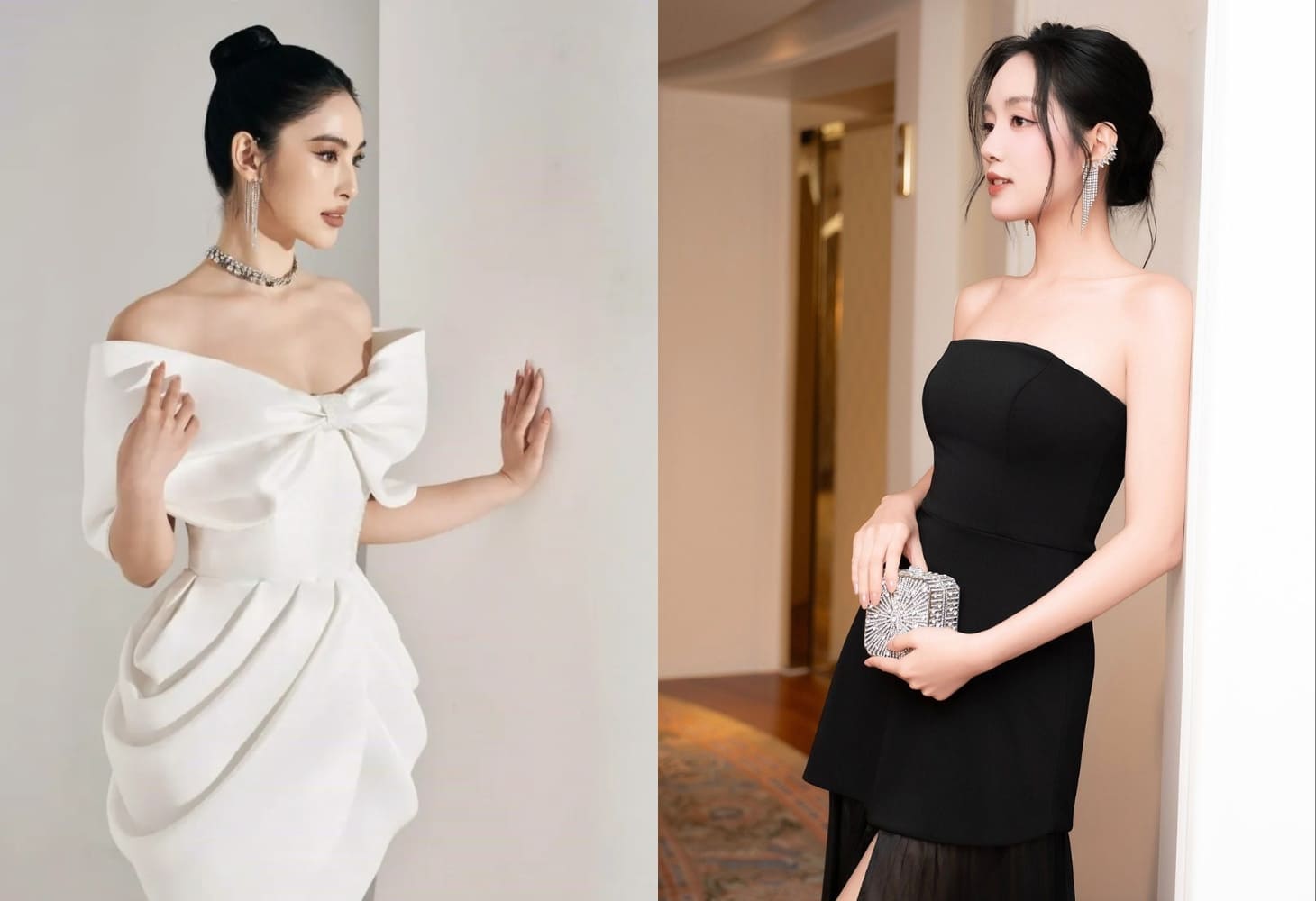 Váy hở vai sẽ phù hợp với kiểu tóc búi gọn, để lộ phần cổ và xương quai xanh