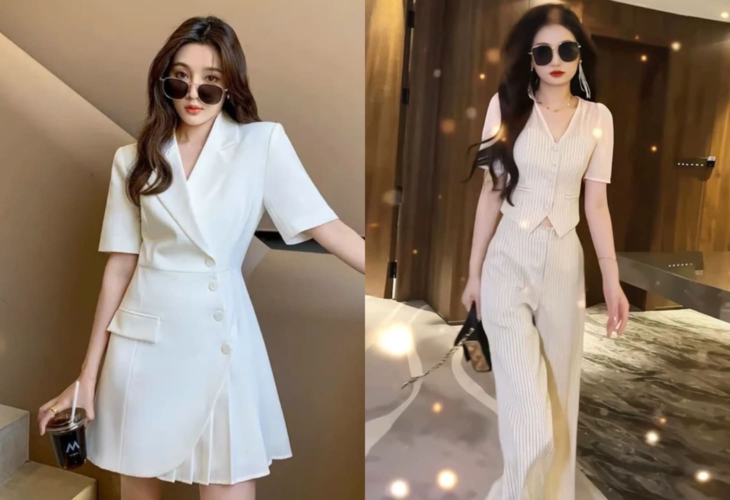 Mái tóc xõa dài giúp tôn lên vẻ sang trọng và nữ tính của các bộ suit cá tính