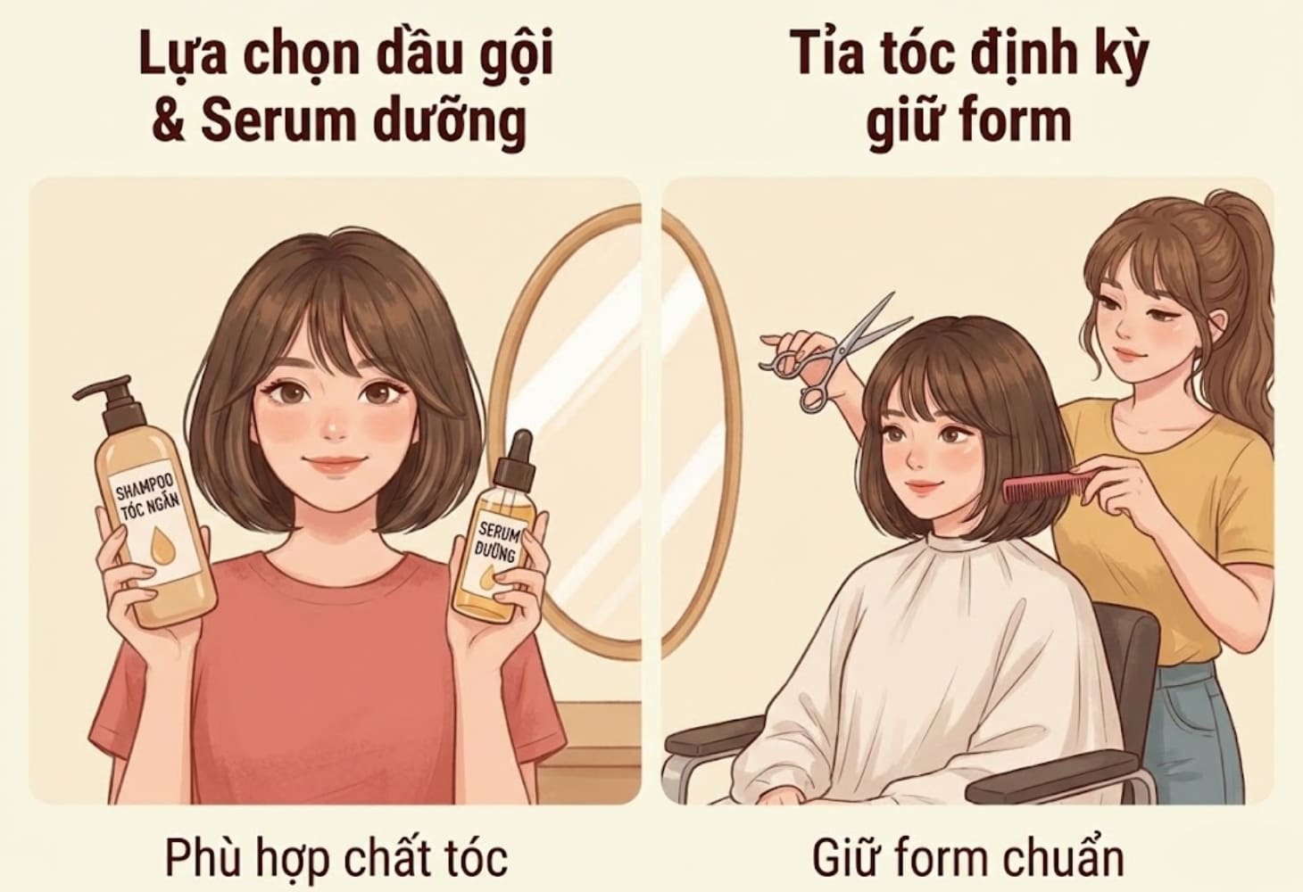 Dưỡng tóc bằng serum dưỡng ẩm và tỉa tóc thường xuyên để giữ mái tóc bob đẹp chuẩn form