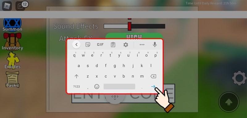 Nhập code và nhấn chọn mũi tên xanh