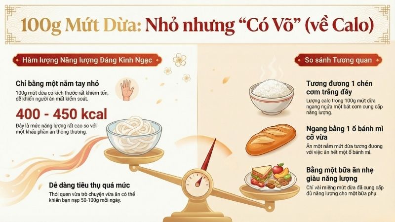 Trung b&igrave;nh 100gram mứt dừa cung cấp 400 - 450 calo