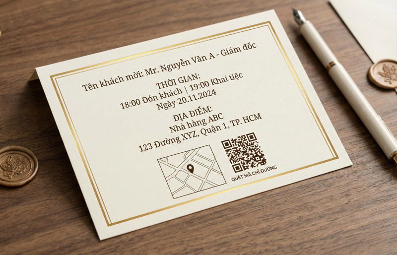 Ghi đầy đủ tên khách mời, thời gian, địa điểm giúp thiệp mời rõ ràng, trang trọng và tránh nhầm lẫn khi tham dự