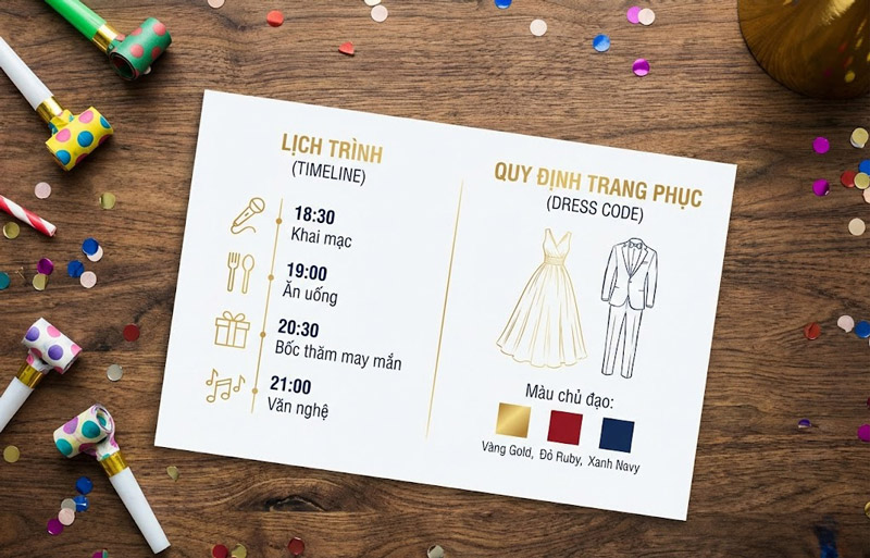 Timeline và dress code giúp buổi tiệc diễn ra trọn vẹn, đồng bộ hình ảnh và tạo không khí chuyên nghiệp hơn