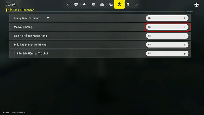 Chọn mục Mã đổi thưởng và nhấn Đi để nhập code