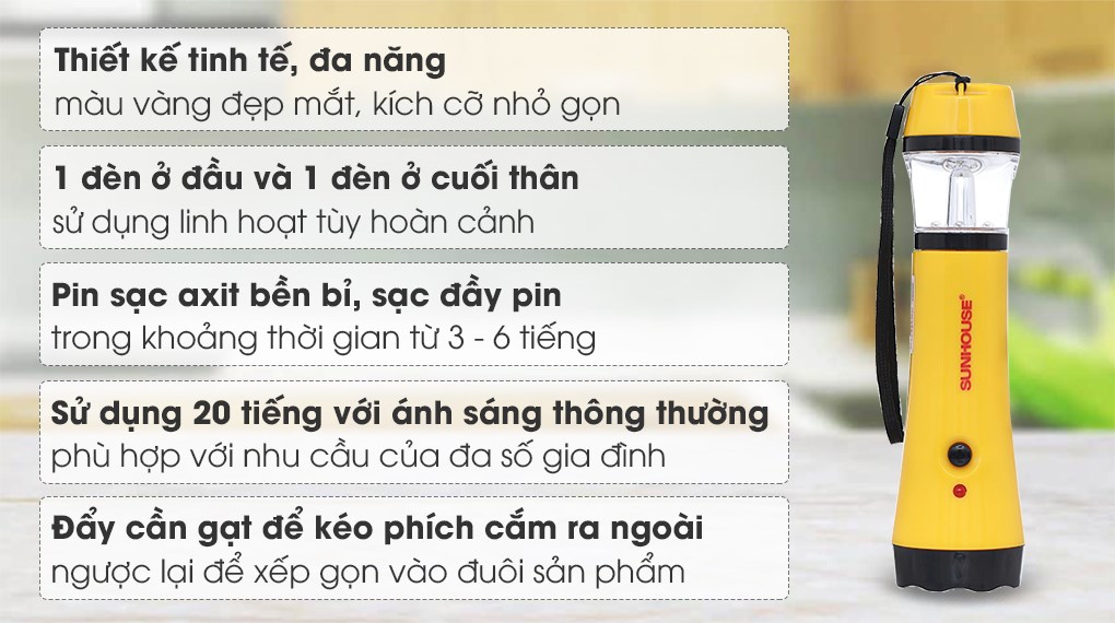 Đèn pin sạc Sunhouse SHE-9059LA-3L phích cắm sạc trực tiếp thời gian sáng 20 giờ Đèn pin sạc Sunhouse SHE-9059LA-3L phích cắm sạc trực tiếp thời gian sáng 20 giờ