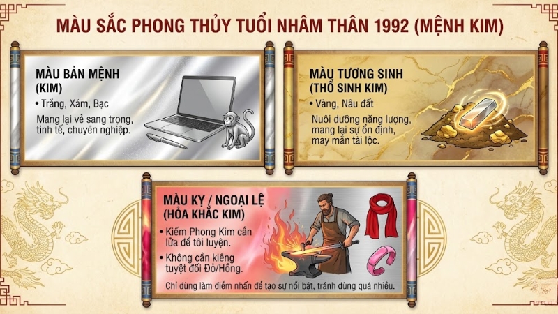 M&agrave;u tương sinh, tương khắc, m&agrave;u kỵ của nh&acirc;m th&acirc;n 1992