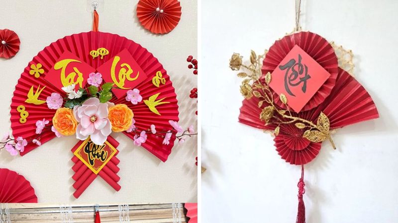 Mẫu quạt giấy trang trí Tết đẹp mắt, sáng tạo