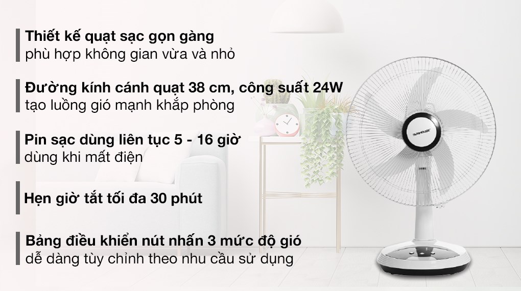Quạt sạc điện Sunhouse SHD7223 pin sạc bạc đạn đèn LED ngủ