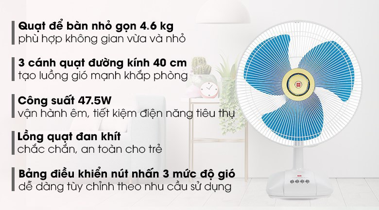 Quạt bàn KDK A40B 3 cánh 47.5W động cơ bạc thau