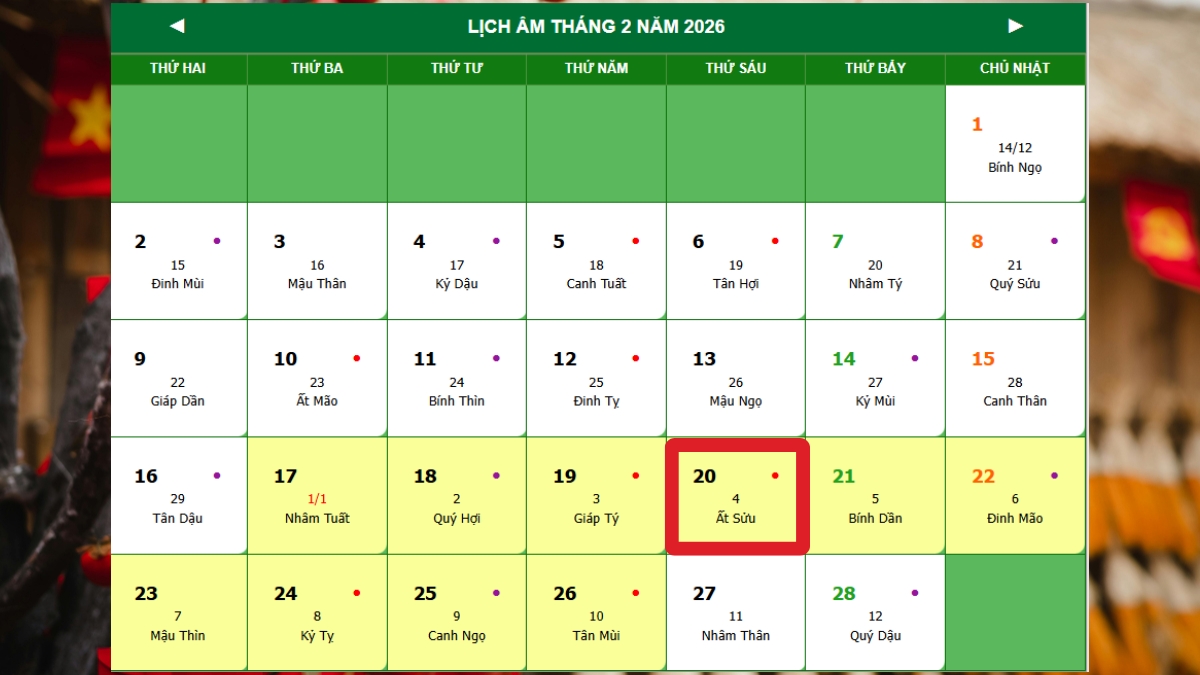 Mùng 4 Tết là ngày mấy dương lịch năm 2026? Mùng 4 Tết là ngày mấy dương lịch năm 2026?