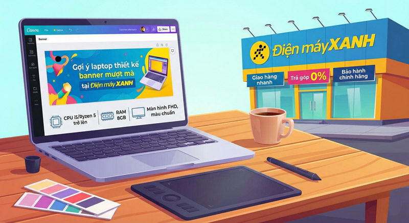 Sử dụng laptop đồ họa hoặc MacBook với màn hình chuẩn màu giúp thiết kế banner mượt mà và chính xác