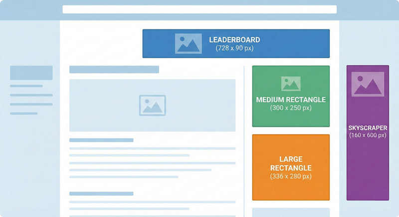 Các kích thước banner website phổ biến như leaderboard, rectangle hay skyscraper giúp hiển thị đẹp, dễ tối ưu quảng cáo