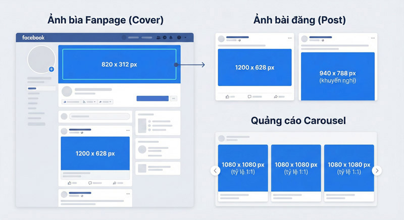 Banner Facebook cần đúng tỷ lệ chuẩn cho bài đăng, ảnh bìa và carousel để đảm bảo hiển thị sắc nét, hút tương tác
