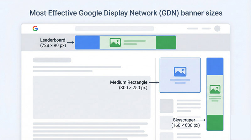 Banner GDN hiệu quả thường dùng các kích thước chuẩn website như 300x250, 728x90 giúp tăng khả năng phân phối