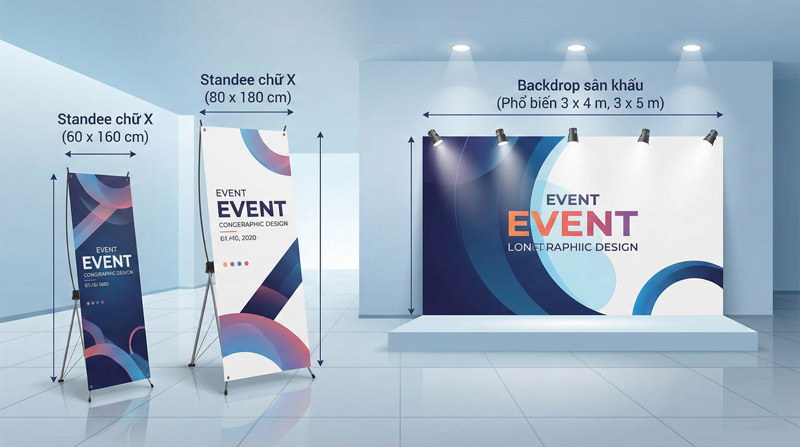 Banner offline như standee, backdrop cần chọn kích thước phù hợp không gian để thu hút ánh nhìn trực tiếp