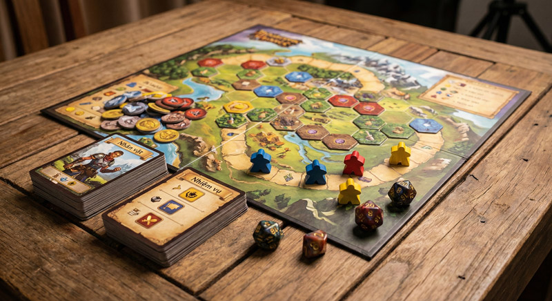 Các thành phần quen thuộc trong board game như xúc xắc, thẻ bài và quân cờ token