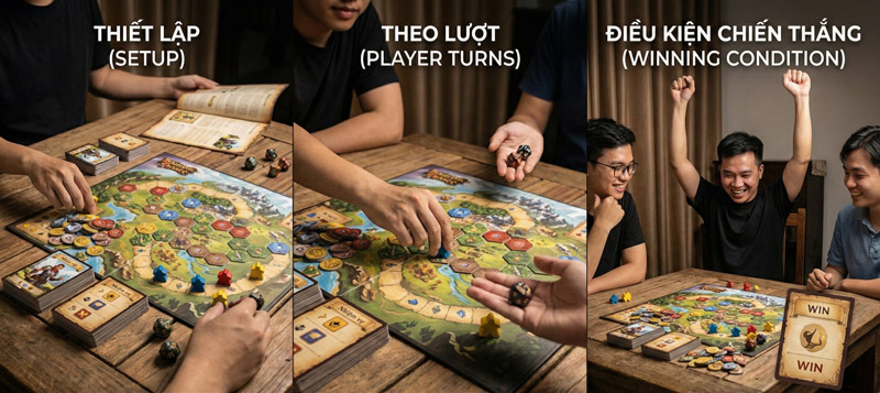 Board game thường chơi theo 3 bước: thiết lập ban đầu, hành động theo lượt và đạt điều kiện chiến thắng