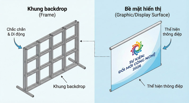 Backdrop gồm khung chịu lực chắc chắn và bề mặt hiển thị nội dung, giúp phông nền đứng vững, truyền tải trọn vẹn thông điệp sự kiện