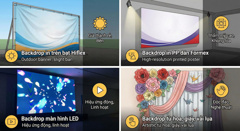 Các loại backdrop phổ biến hiện nay: Hiflex, PP Formex, màn hình LED và backdrop trang trí nghệ thuật Các loại backdrop phổ biến hiện nay: Hiflex, PP Formex, màn hình LED và backdrop trang trí nghệ thuật