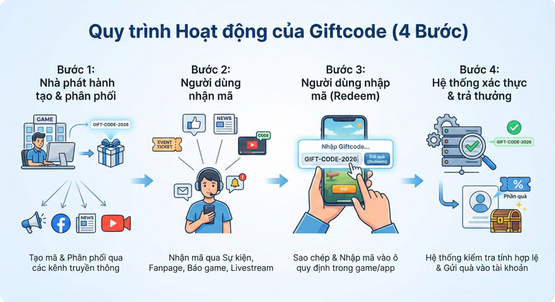 Giftcode hoạt động qua 4 bước: phát hành mã, người dùng nhận, nhập redeem và hệ thống xác thực trả quà Giftcode hoạt động qua 4 bước: phát hành mã, người dùng nhận, nhập redeem và hệ thống xác thực trả quà